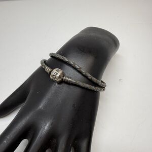 Pandora Braided Dark Gray Leather Double Wrap Bracelet